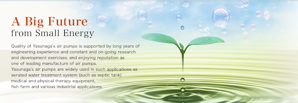 A Big Future from Small Energy / Quality of Yasunaga's air pumps is supported by long years of engineering experience and constant and on-going research and development exercises, and enjoying reputation as one of leading manufacture of air pumps. Yasunaga's air pumps are widely used in such applications as aerated water treatment system (such as septic tank) medical and physical therapy equipment, fish farm and various industrial applications.